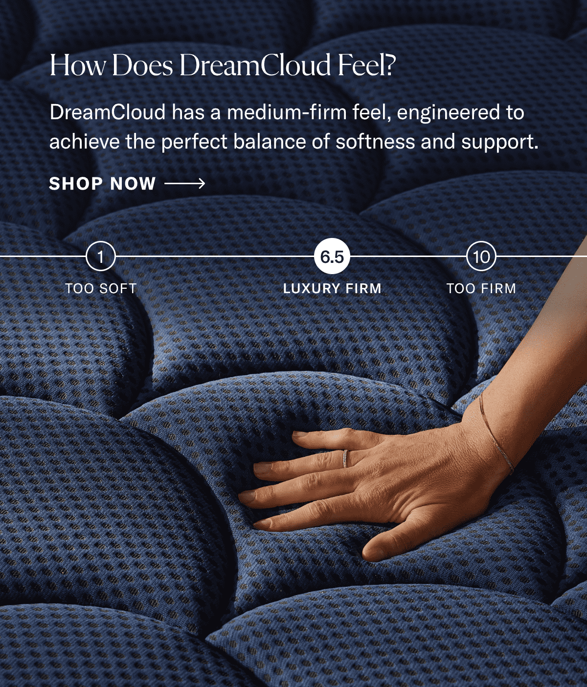 a person 's hand rests on a blue mattress that says " how does dreamcloud feel.
