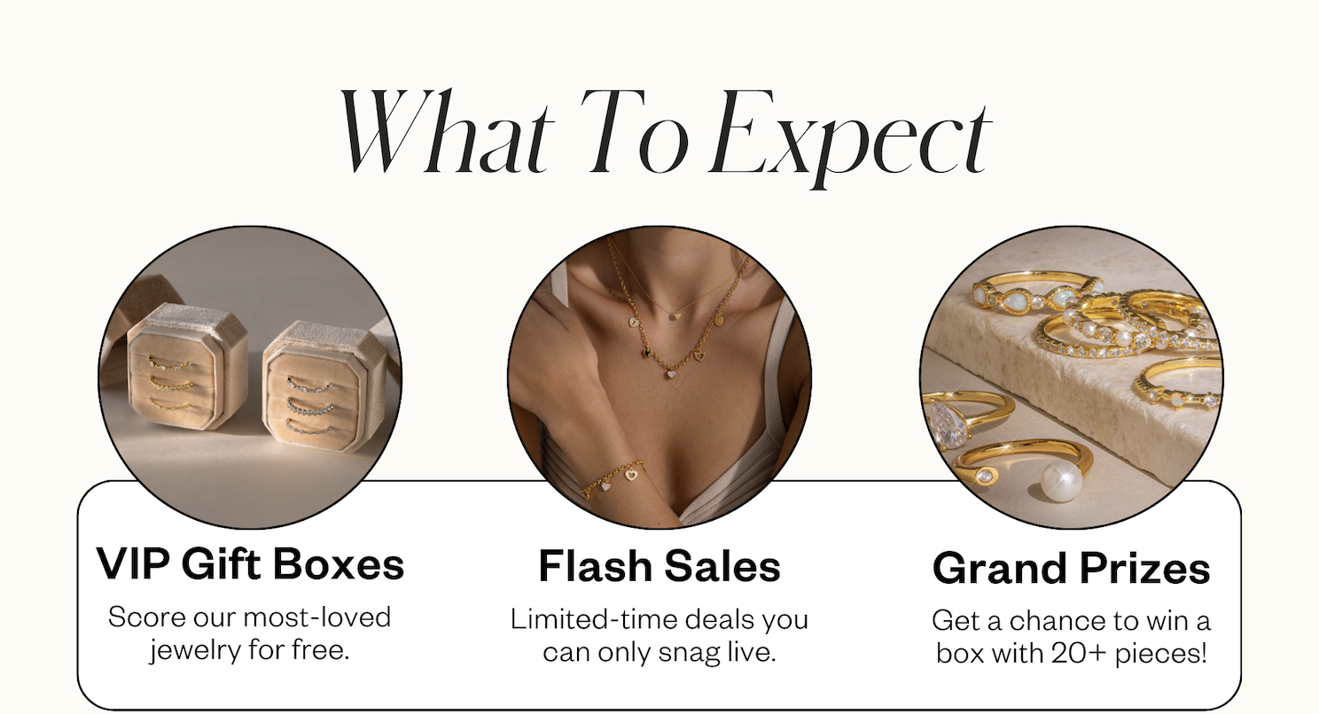 “Caitlyn Minimalist VIP Gift Boxes shown in soft golden light with branded packaging. Model wearing layered gold necklaces highlighting Flash Sales available only live. Flat lay of gold earrings and rings representing Grand Prizes with a chance to win a box of 20+ pieces.”