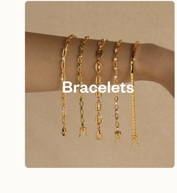 “Minimalist gold bracelets laid flat on neutral background. Text overlay: Bracelets.”