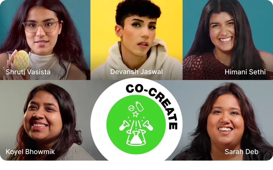 Co-create Logo and five members faces of this years Co-creators – Shruti Vasista, Devansh Jaswal, Himani Sethi, Koyel Bhowmik and Sarah Deb.