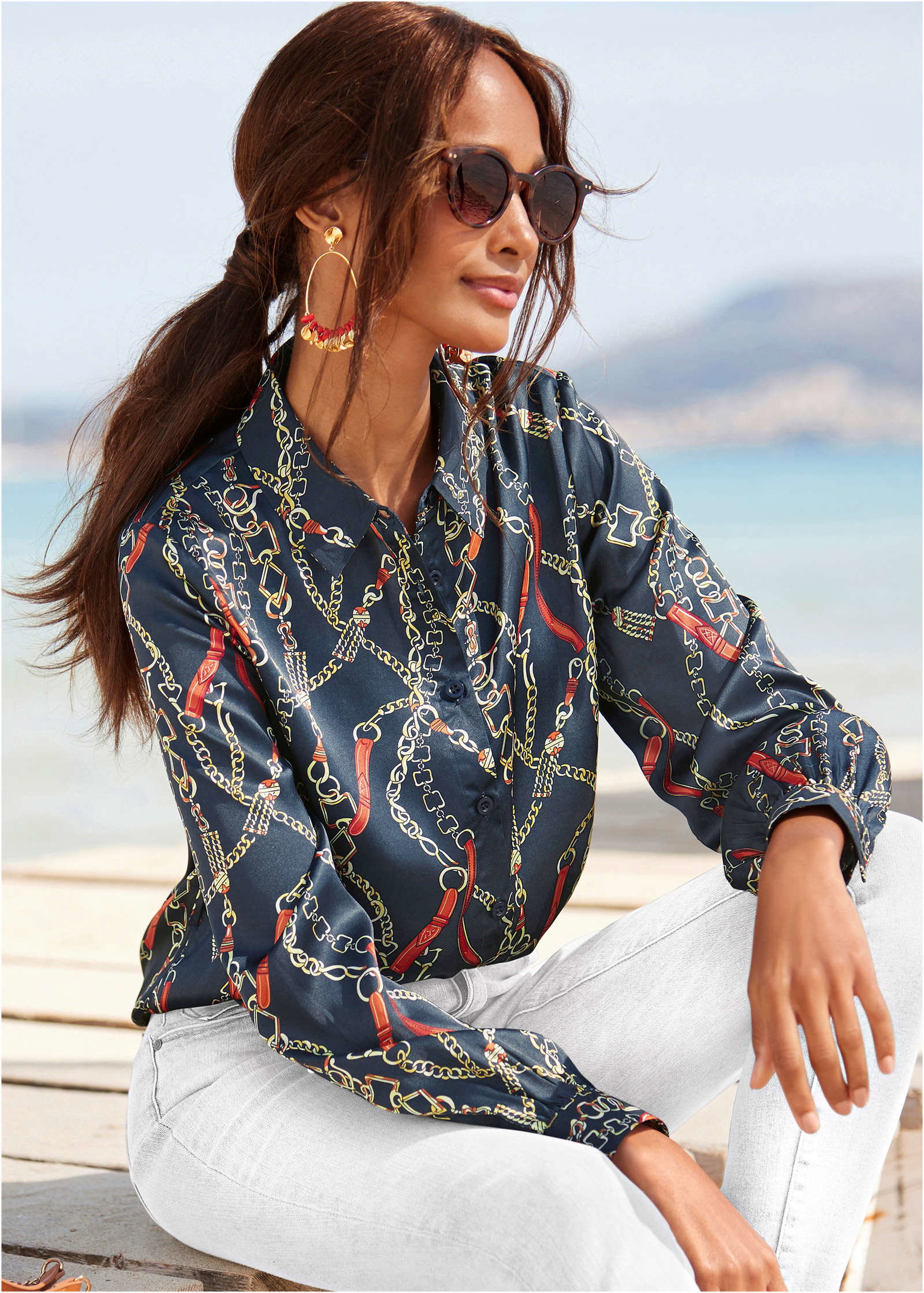 Image of Button Down Blouse - Navy Multi