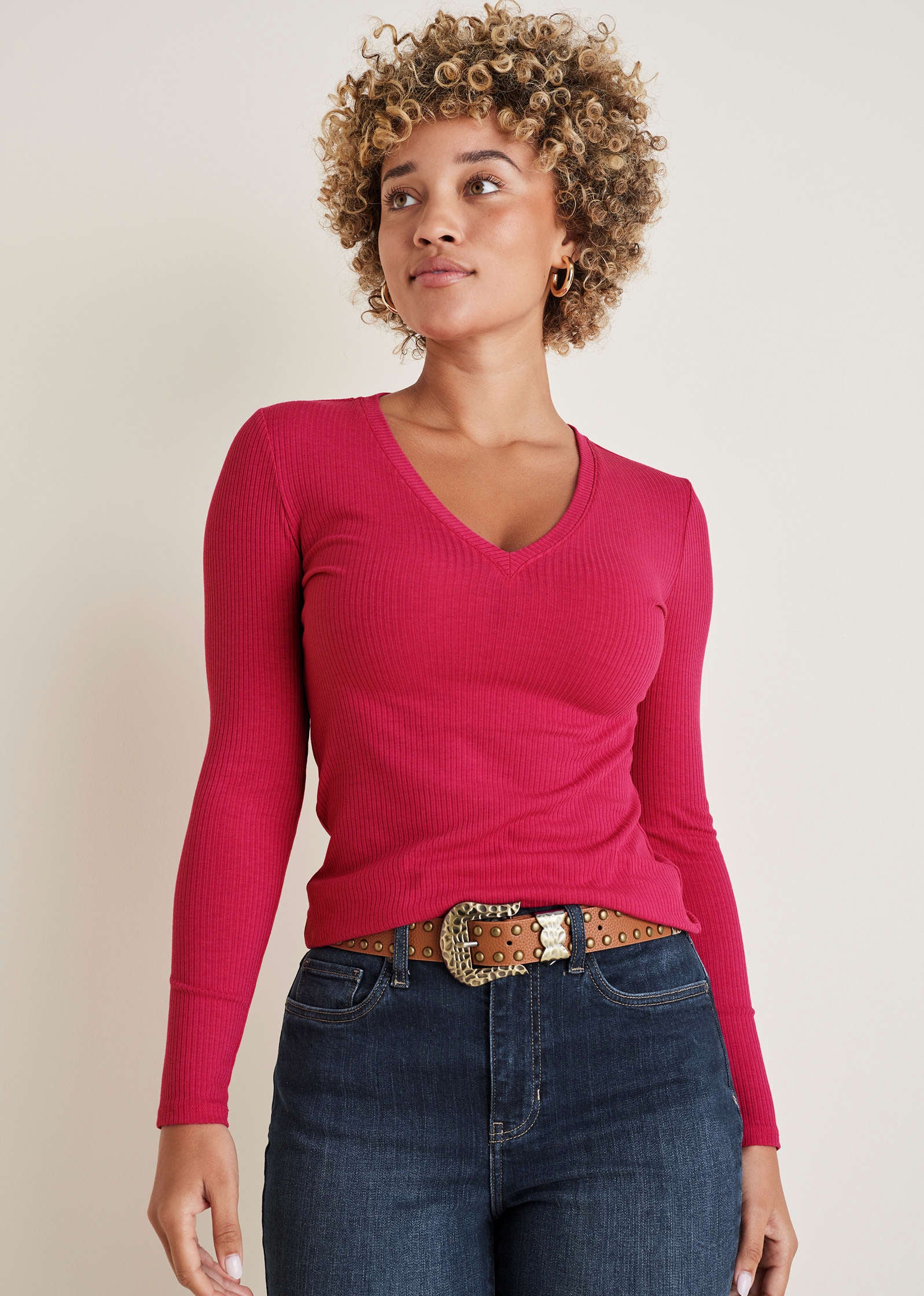 Image of Ribbed Long Sleeve V-Neck - Barberry