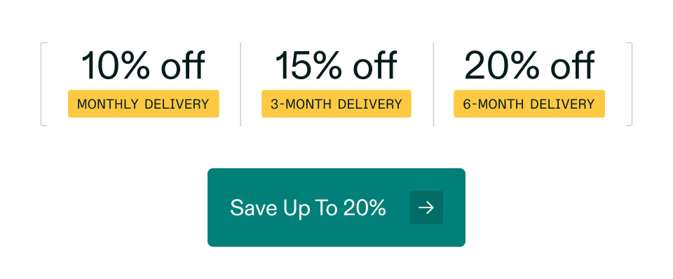 10% off monthly delivery - 15% off 3-month delivery - 20% off 6-month delivery. Save Up To 20%.