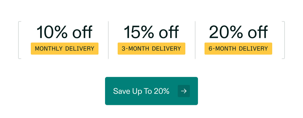 10% off monthly delivery - 15% off 3-month delivery - 20% off 6-month delivery. Save Up To 20%.