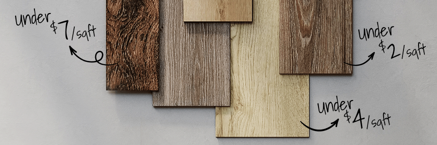 Flat lay of five wood and wood-look flooring options with arrows drawn to three of them and listing prices.