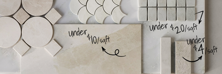 Flat lay of various natural stone products. There are arrows pointing to three of them and listing prices.