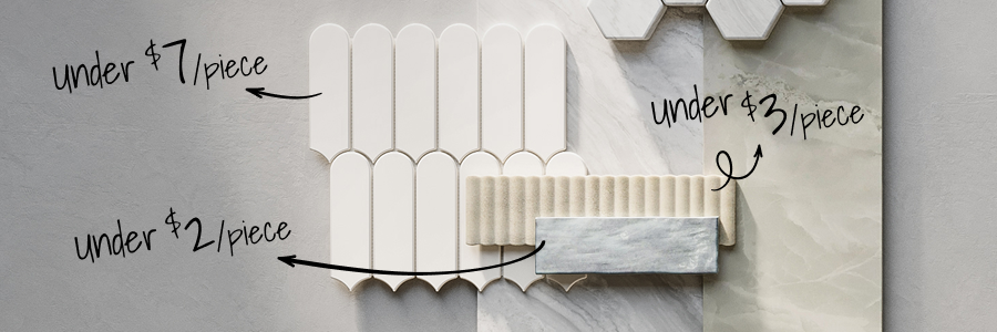 Flat lay of various tile products in popular shapes like fluted and rounded. There are arrows pointed to a few of the items listing prices.