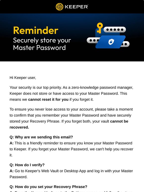 Password Reminder Examples Keeper: Reminder: Don't Forget Your Master Password and Recovery Phrase ...