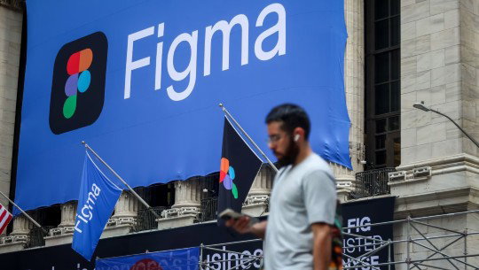 Figma's logo hangs on a banner outside the New York Stock Exchange