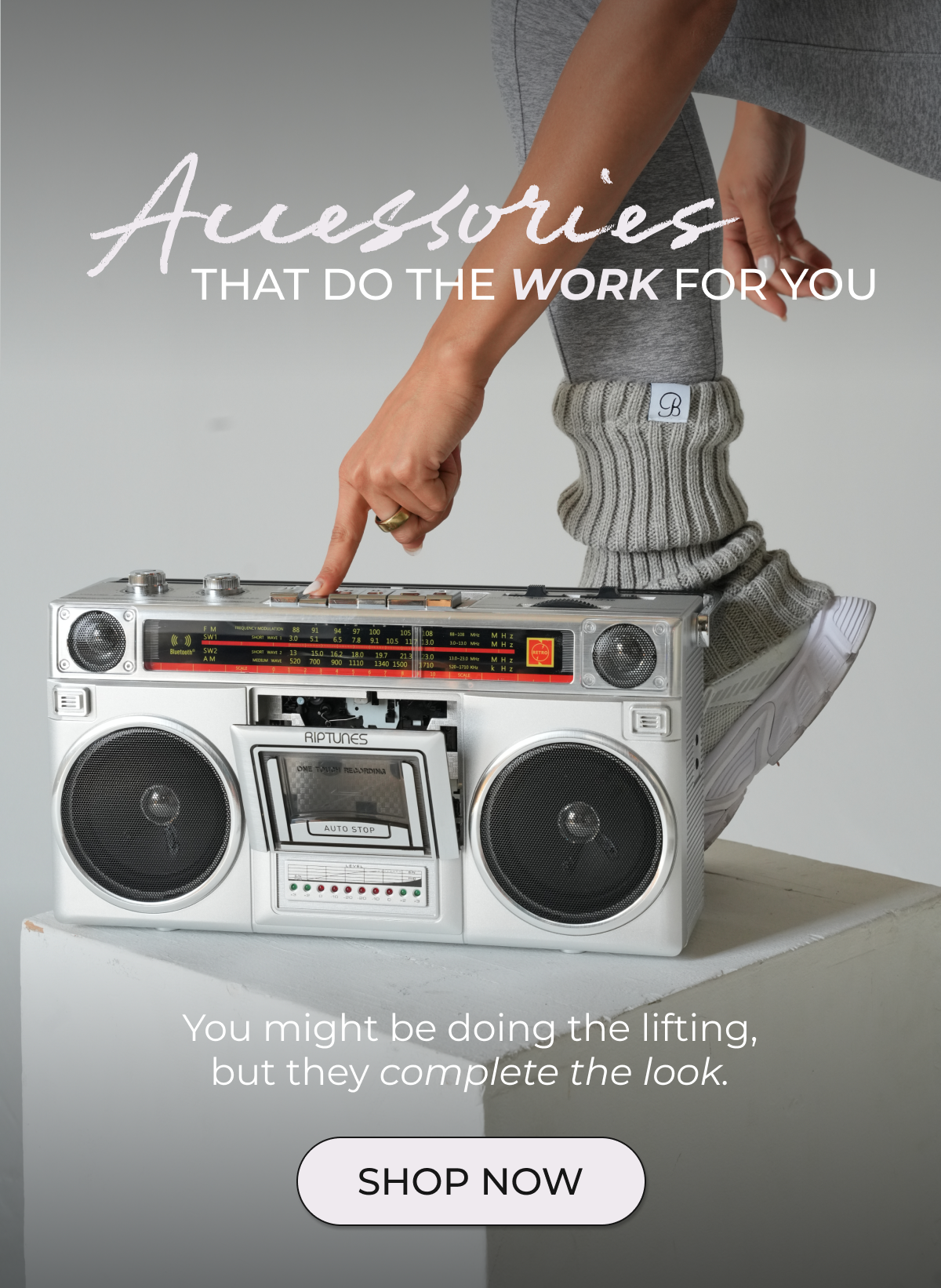 image of model wearing Luxe Leg Warmers - Short in Dark and Stormy and a boombox with text and button