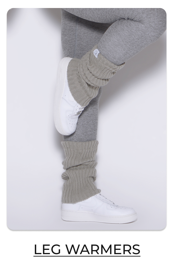 image of model wearing Luxe Leg Warmers - Short in Dark & Stormy with text