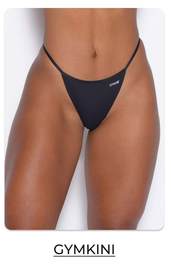 image of model wearing Gymkini Thong in Black with text