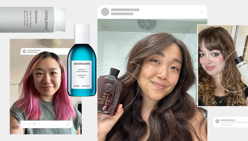 Image contains Allure editors and a collage of volumizing shampoos