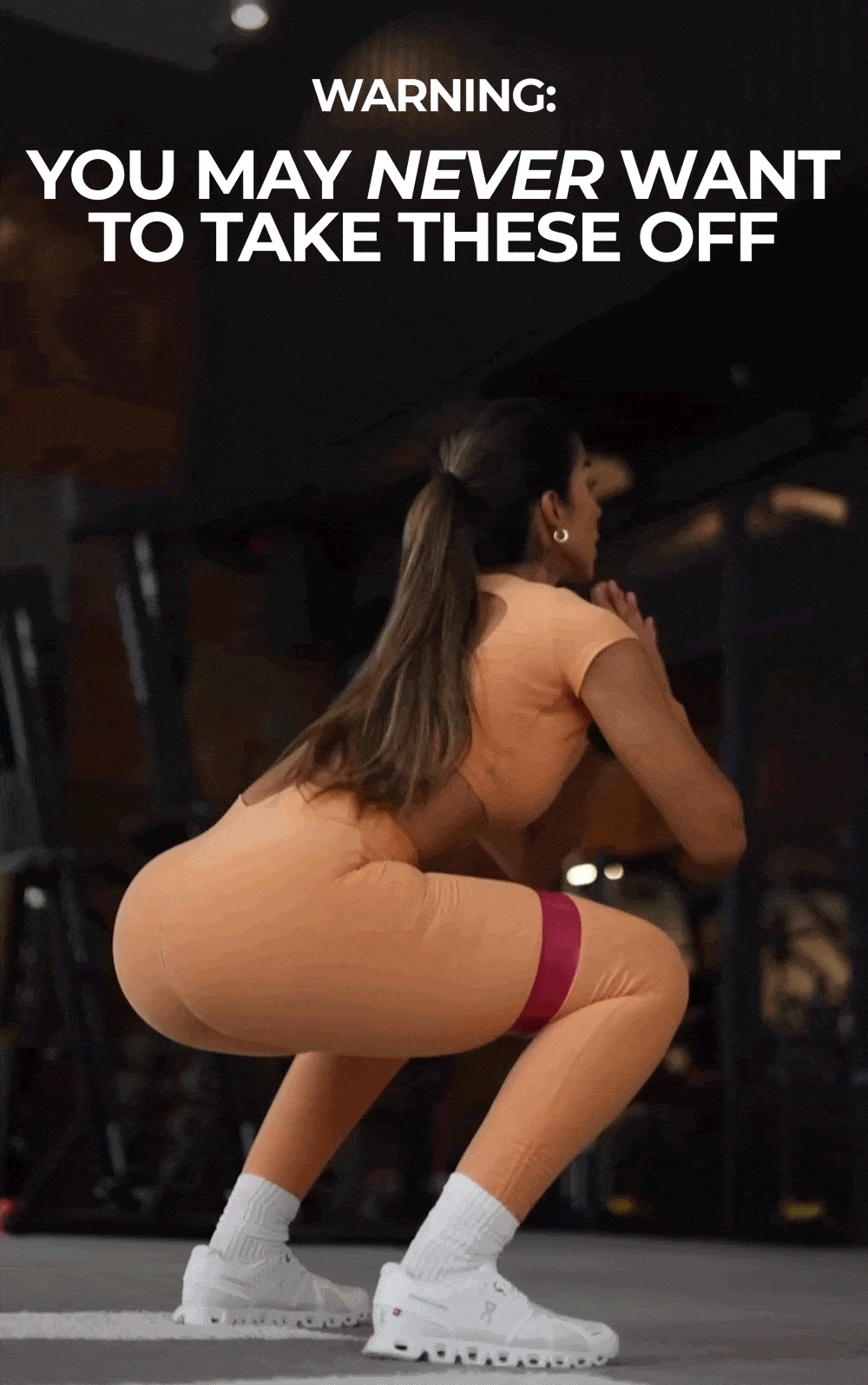gif of model exercising in Toggle Pull Leggings in Tangerelle with text