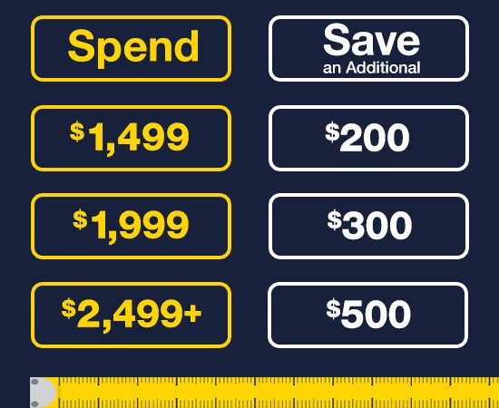 Spend $1499 Save $200 Spend $1999 save $300 spend $2499 save $500 on select appliances