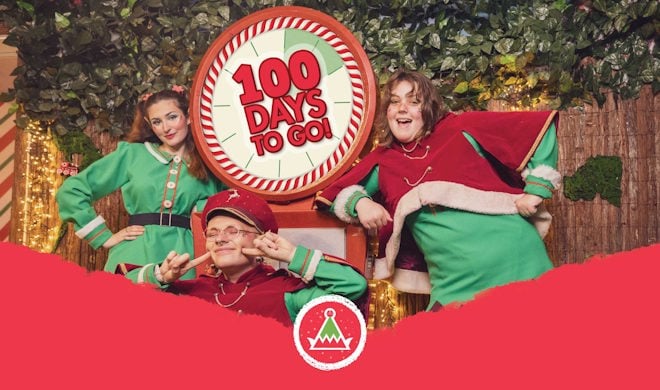 100 days to go clock with three smiling elves