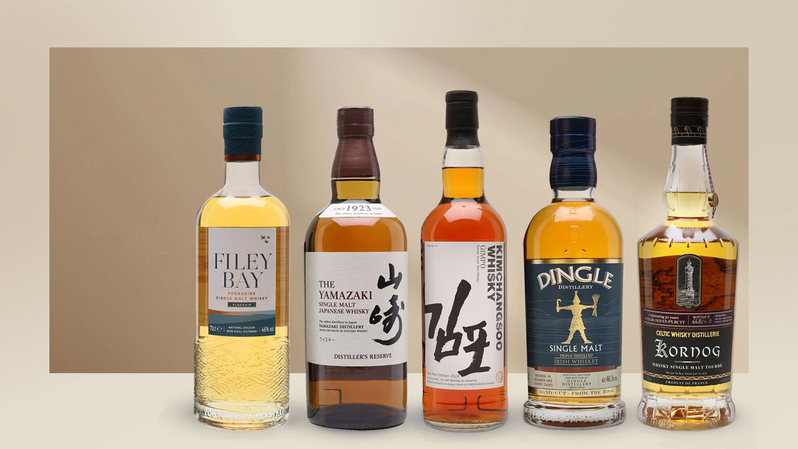 Filey Bay Flagship, Yamazaki Distiller's Reserve, Kimchangsoo Whisky Gimpo Korean Single Malt, Dingle Single Malt Whiskey, Kornog 2016
