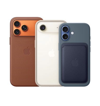 iPhone 17 Pro, back exterior, with TechWoven Case with MagSafe; iPhone Air, back exterior, with Bumper; iPhone 17, back exterior, with Silicone Case and FineWoven Wallet with MagSafe