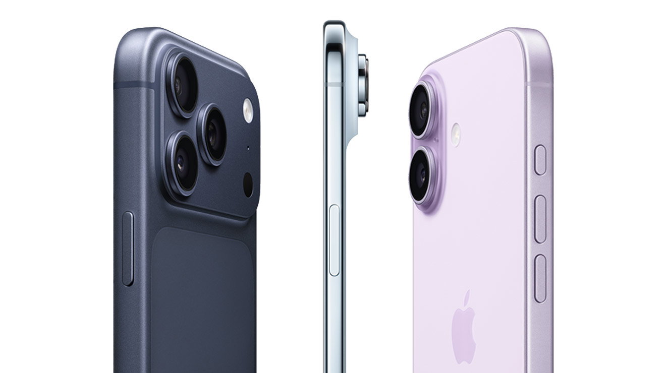 iPhone 17 Pro, back exterior, side exterior, Deep Blue color, raised plateau with Pro camera system; iPhone Air, side exterior, Sky Blue color, very thin profile; iPhone 17, back exterior, side exterior, lavender color, Dual Fusion camera system at top left
