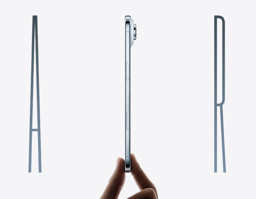 A thumb and forefinger holding iPhone Air, side exterior, Sky Blue color, thin profile, Fusion camera system, buttons: side, Camera Control