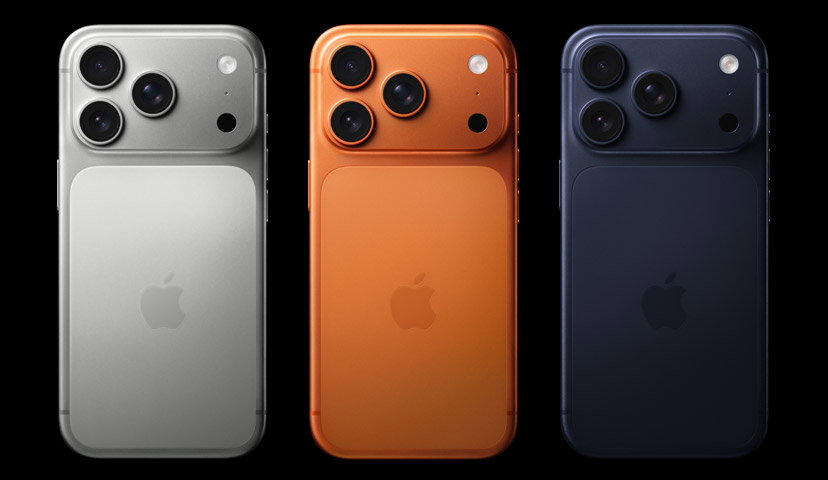 iPhone 17 Pro Max, back exterior, all three colors: silver, Cosmic Orange, and Deep Blue