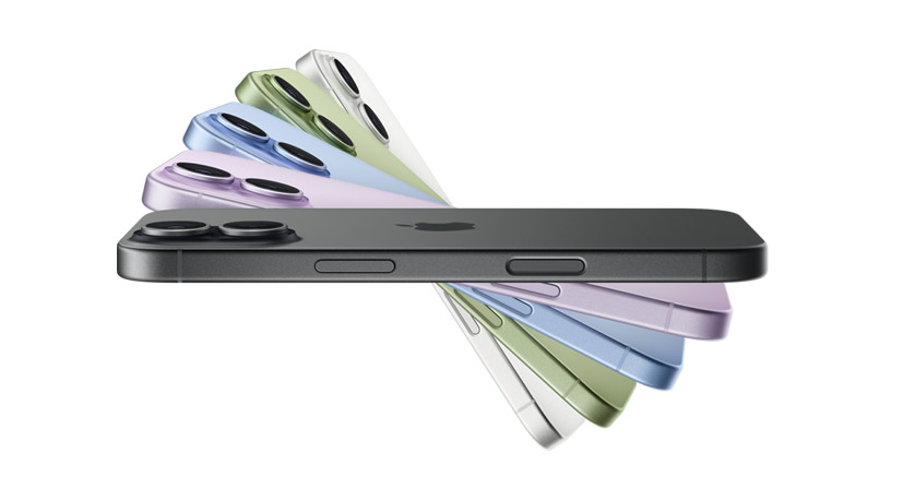 iPhone 17 devices fanned out, all five colors: black, lavender, mist blue, sage, white