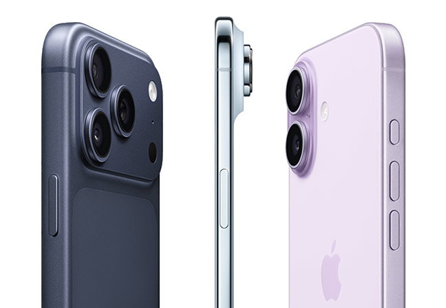 iPhone 17 Pro, back exterior, side exterior, Deep Blue color, raised plateau with Pro camera system; iPhone Air, side exterior, Sky Blue color, very thin profile; iPhone 17, back exterior, side exterior, lavender color, Dual Fusion camera system at top left