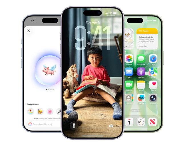 Three iPhone devices, one showing Genmoji creation, one showing dynamic Lock Screen, and one showing Home Screen with different apps