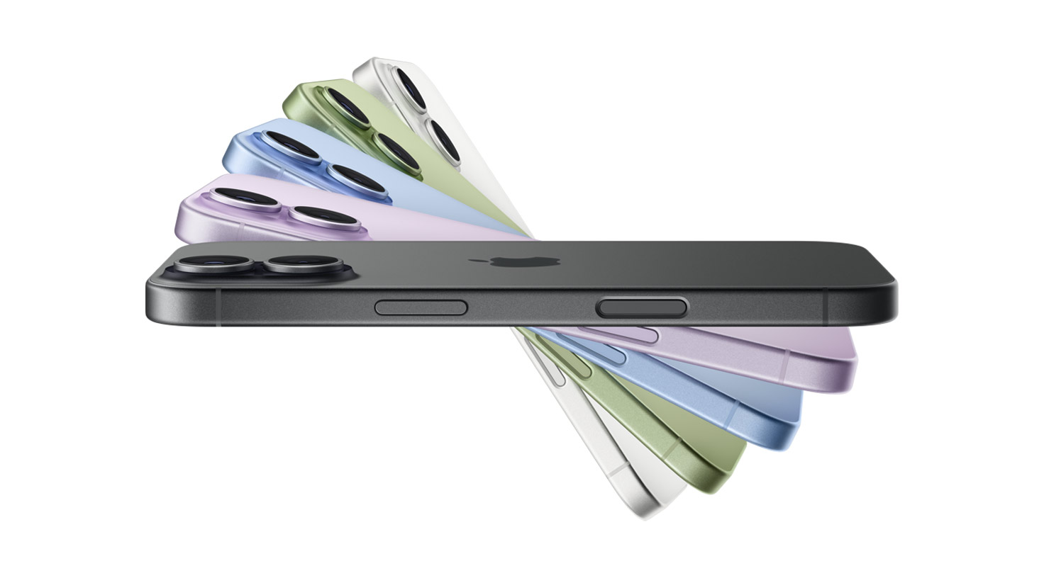 iPhone 17 devices fanned out, all five colors: black, lavender, mist blue, sage, white