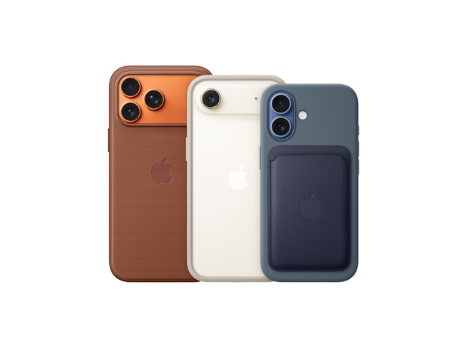 iPhone 17 Pro, back exterior, with TechWoven Case with MagSafe; iPhone Air, back exterior, with Bumper; iPhone 17, back exterior, with Silicone Case and FineWoven Wallet with MagSafe
