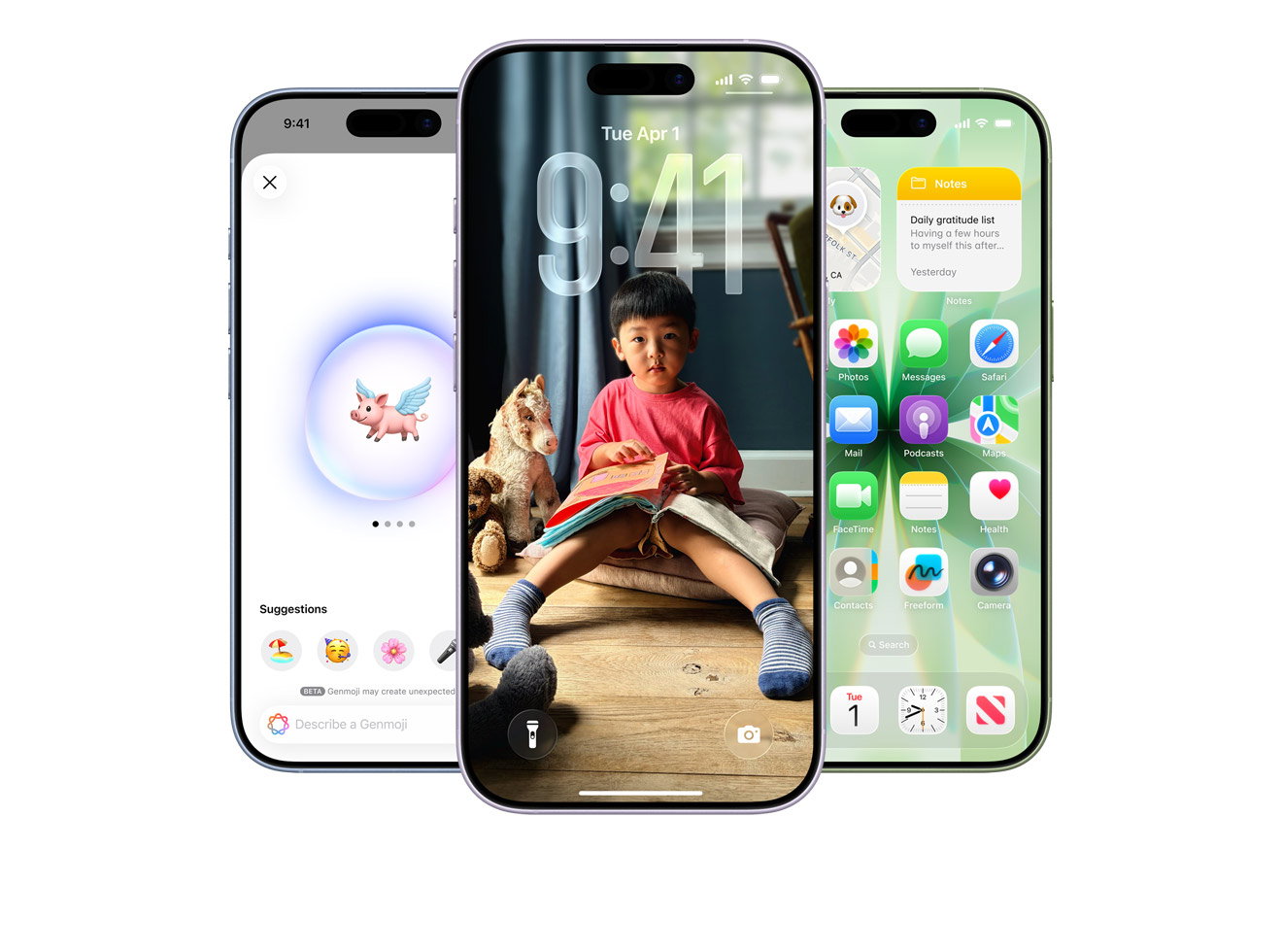 Three iPhone devices, one showing Genmoji creation, one showing dynamic Lock Screen, and one showing Home Screen with different apps