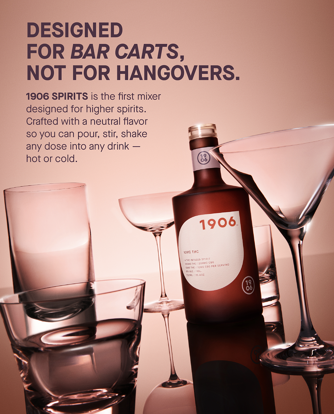 Designed for bar carts, not for hangovers. 1906 spirits is the first mixer designed for higher spirits. Crafted with neutral flavor so you can pour, stir, shake any dose into any drink—hot or cold.