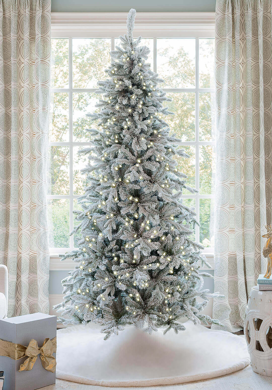 7.5' Queen Flock® Slim Artificial Christmas Tree with 650 Warm White LED Lights