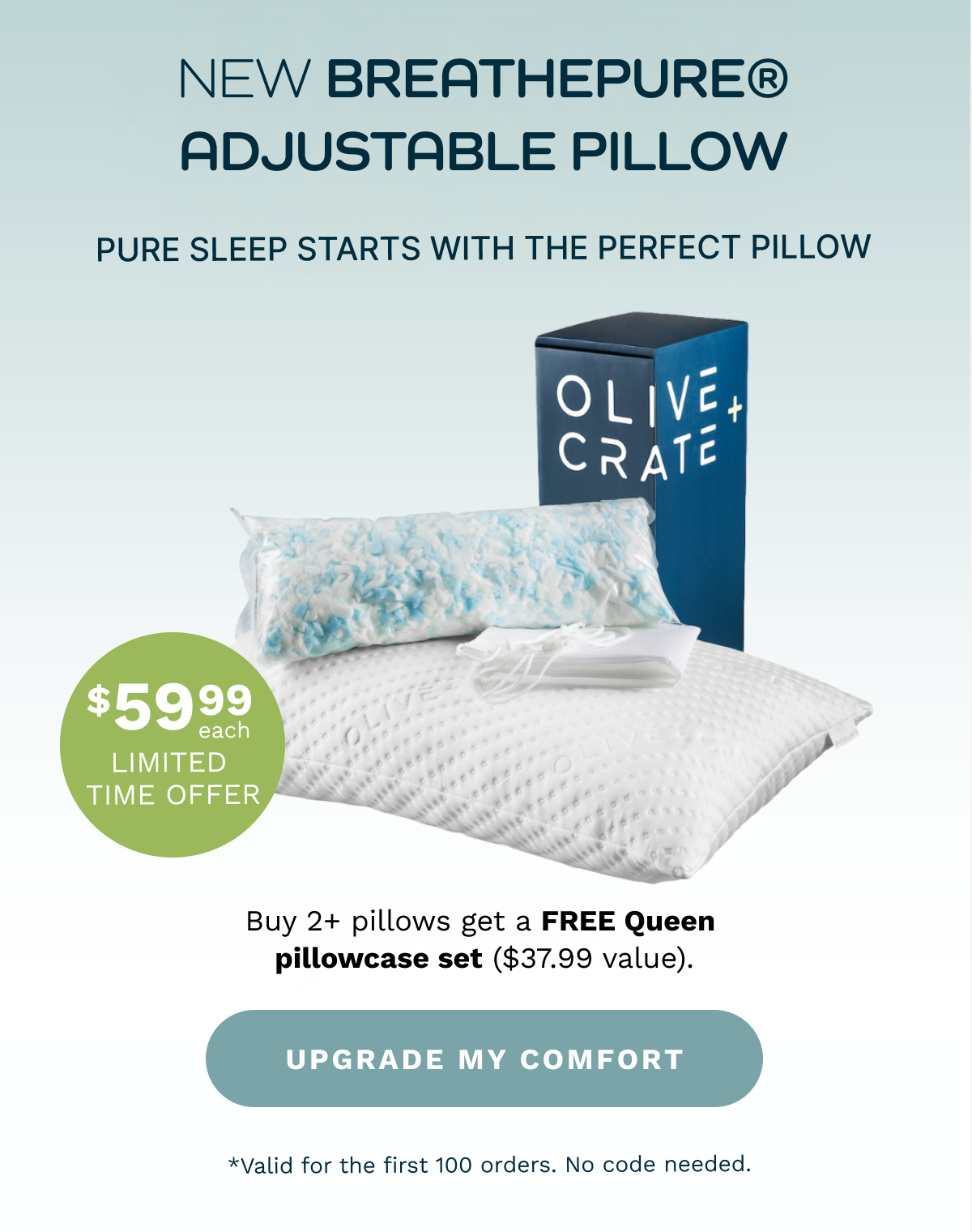 NEW BreathePure® Adjustable Pillow | Pure sleep starts with the perfect pillow | $59.99 EACH LIMITED TIME OFFER | Buy 2+ pillows get a FREE Queen pillowcase set ($37.99 value). [ UPGRADE MY COMFORT ]  *Valid for the first 100 orders. No code needed.