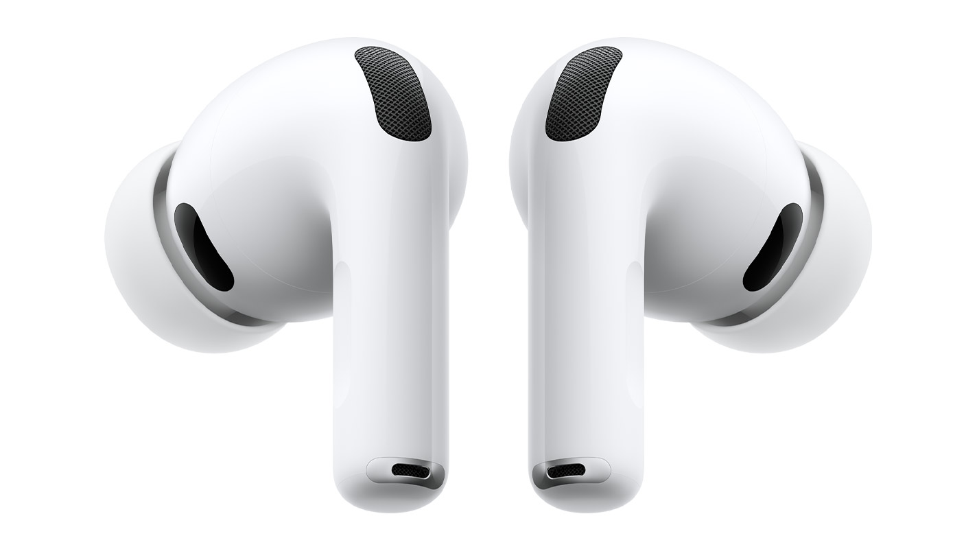 AirPods Pro 3, white color, left and right wireless headphones, silicone tips, noise-cancelling microphones, short tubular stem