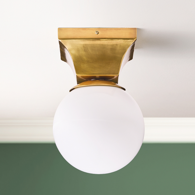 globe flush light in brass and opaline glass