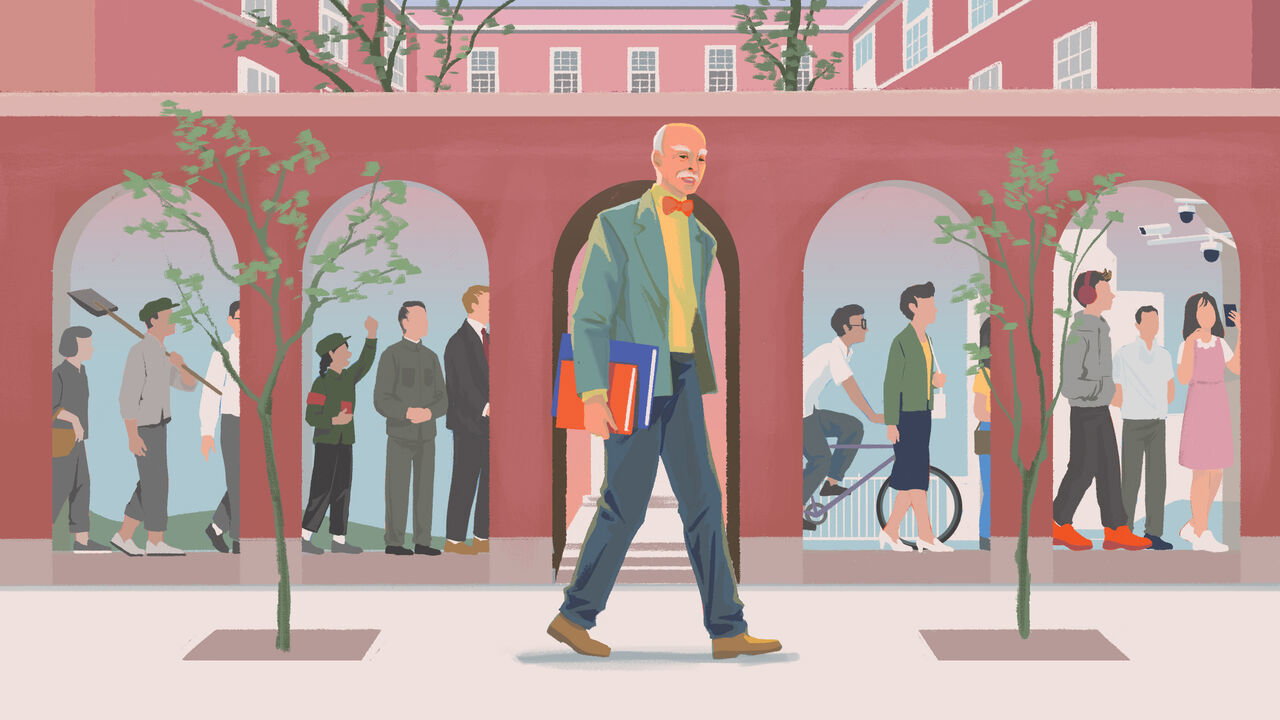 Jerome Cohen walking in front of the NYU school of law; inside the arches shows a progression of people from the eras he engaged with (from 60s to modern)