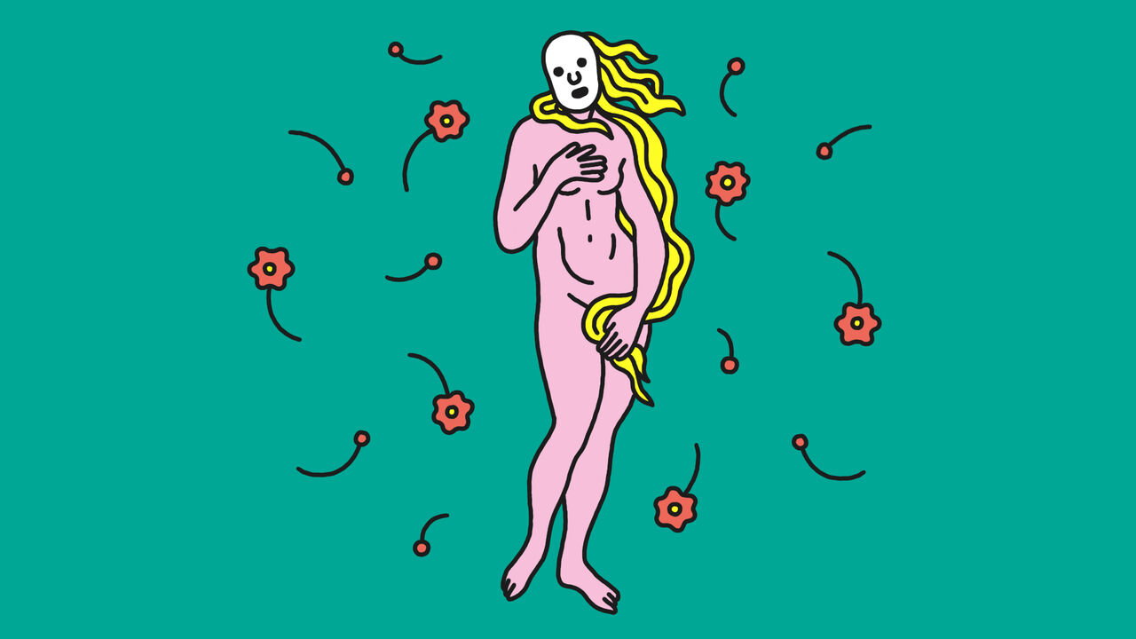 An illustration of Boticelli's Venus wearing a red light mark with flowers around her.