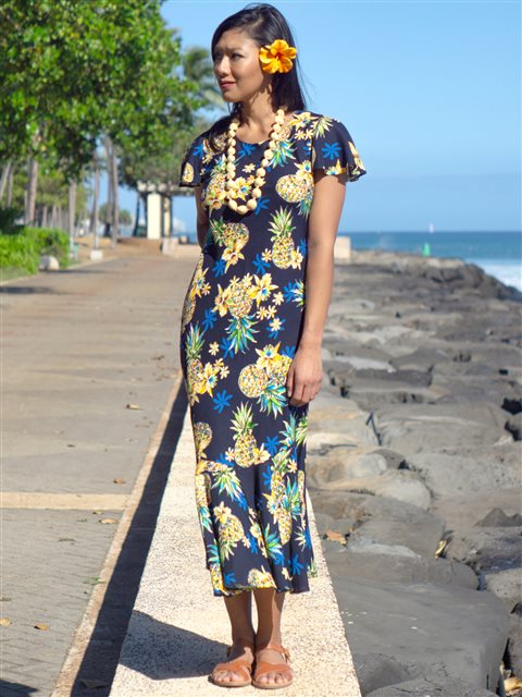 Two Palms Golden Pineapple Navy Rayon Hawaiian Long Dress