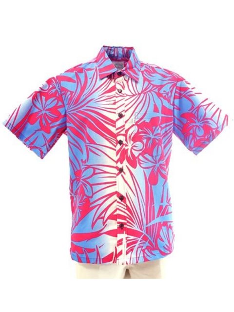 Anuenue Hibiscus & Plumeria Fuchsia & Cream Poly Cotton Men's Hawaiian Shirt
