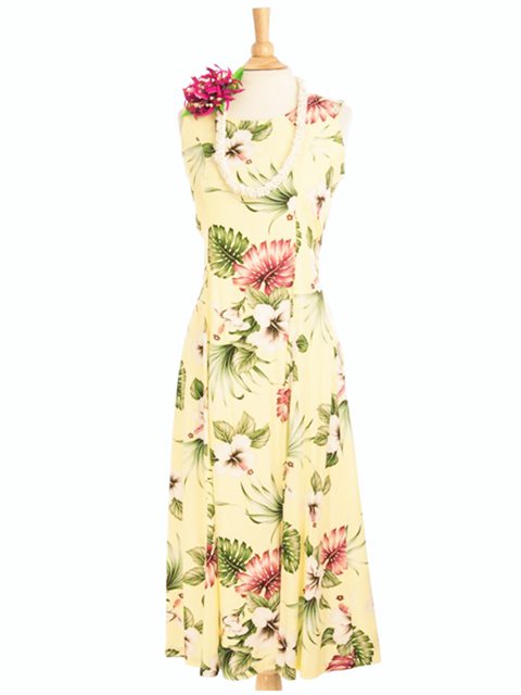 Royal Hawaiian Creations Hibiscus & Monstera Light Yellow Rayon Hawaiian Sleeveless Back Tie Long Dress