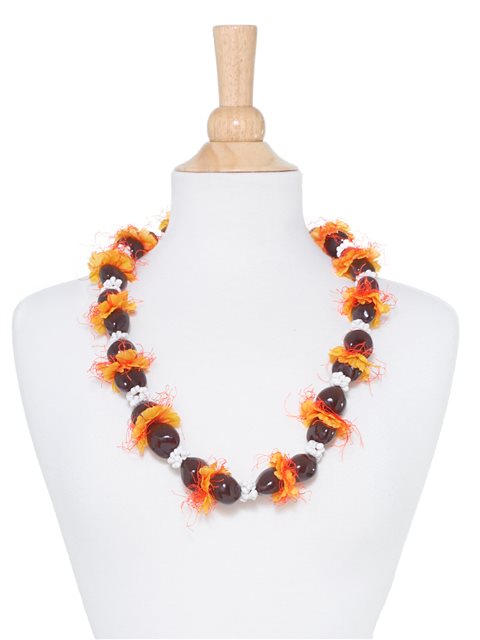 Brown & White Kukui Nut, Ilima & Mongo Shell Lei