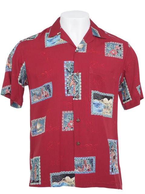 Two Palms Postcard Red Rayon Men's Hawaiian Shirt 