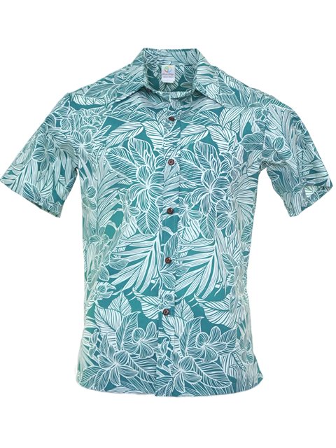 Plumeria Teal Poly Cotton Men's Hawaiian Shirt Standard Collar 