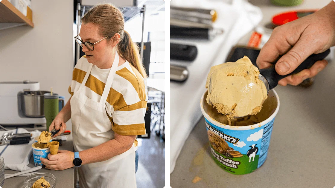 Kristen Rummel, owner of Honeycomb Creamery in Cambridge Mass., visited the test kitchen to help us test ice cream scoops.