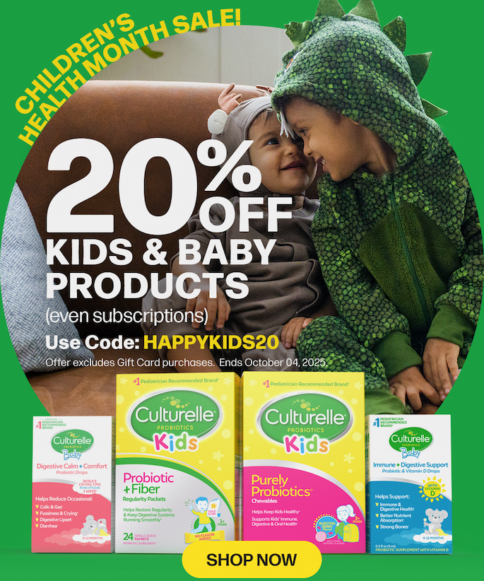 20% off all kids & baby products (even subscriptions)! Use code HAPPYKIDS20 at checkout. Offer excludes gift card purchases. Ends October 4, 2025. Click to shop now!