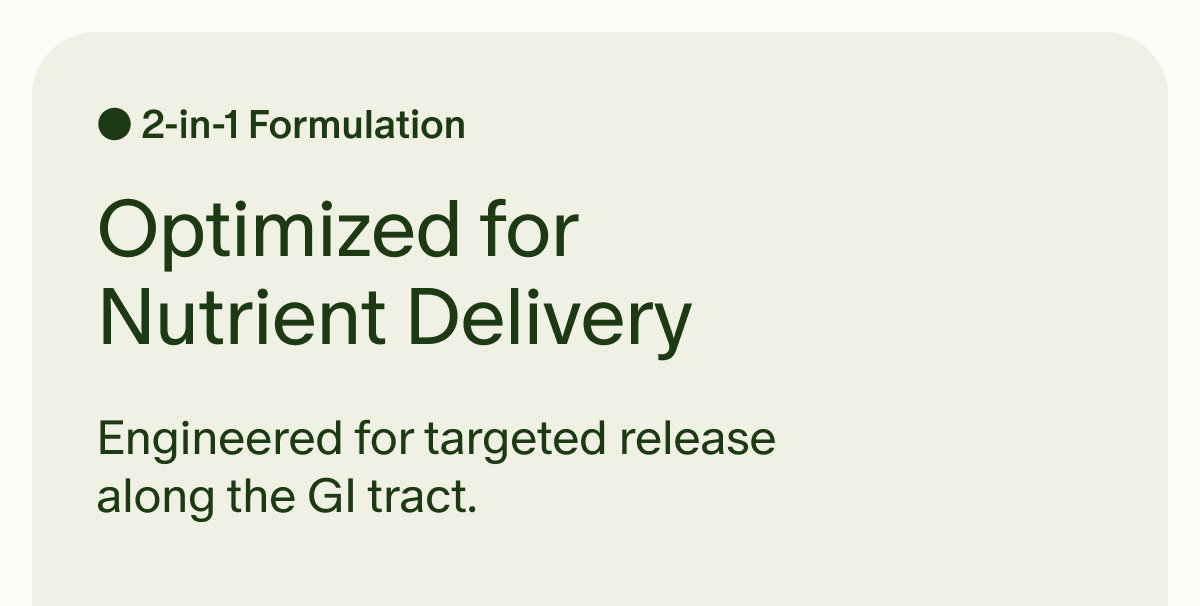 2-in-1 Formulation | Optimized for Nutrient Delivery | Engineered for targeted release along the GI tract.