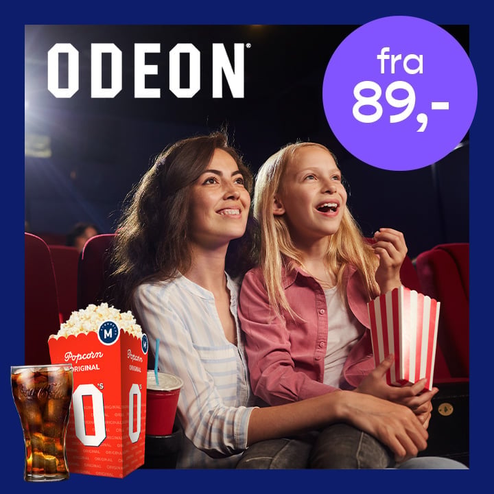 Kinobilletter hos ODEON, velg popcornmeny, hverdagsbillett, ordinær- eller gullbillett
