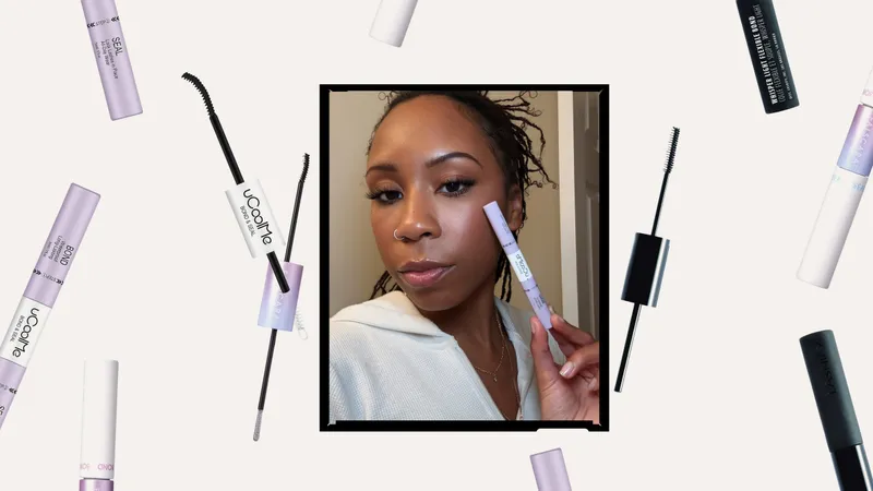 Best Lash Glues: a photo of a woman wearing false lashes surrounded by a collage of lash glue products
