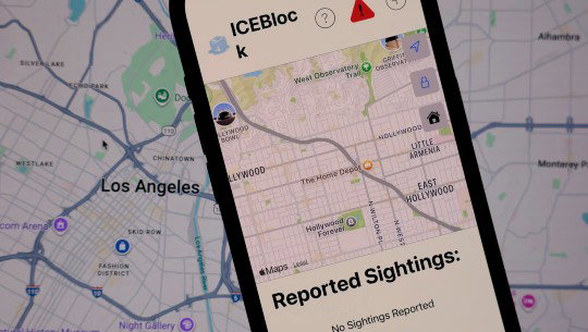 The ICEBlock app displays a Los Angeles map